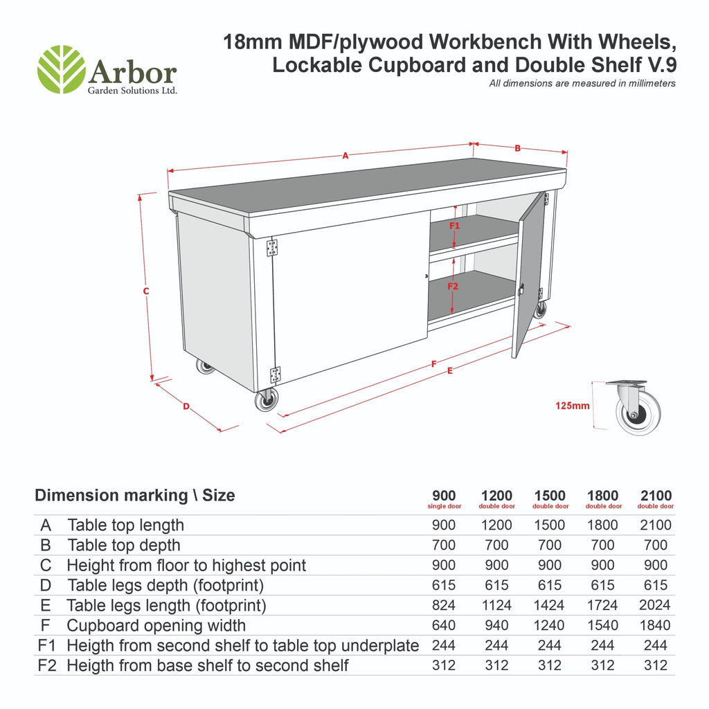 Wooden Eucalyptus hardwood top workbench with lockable cupboard (V.9) double shelf and wheels - SGP Garden Ltd