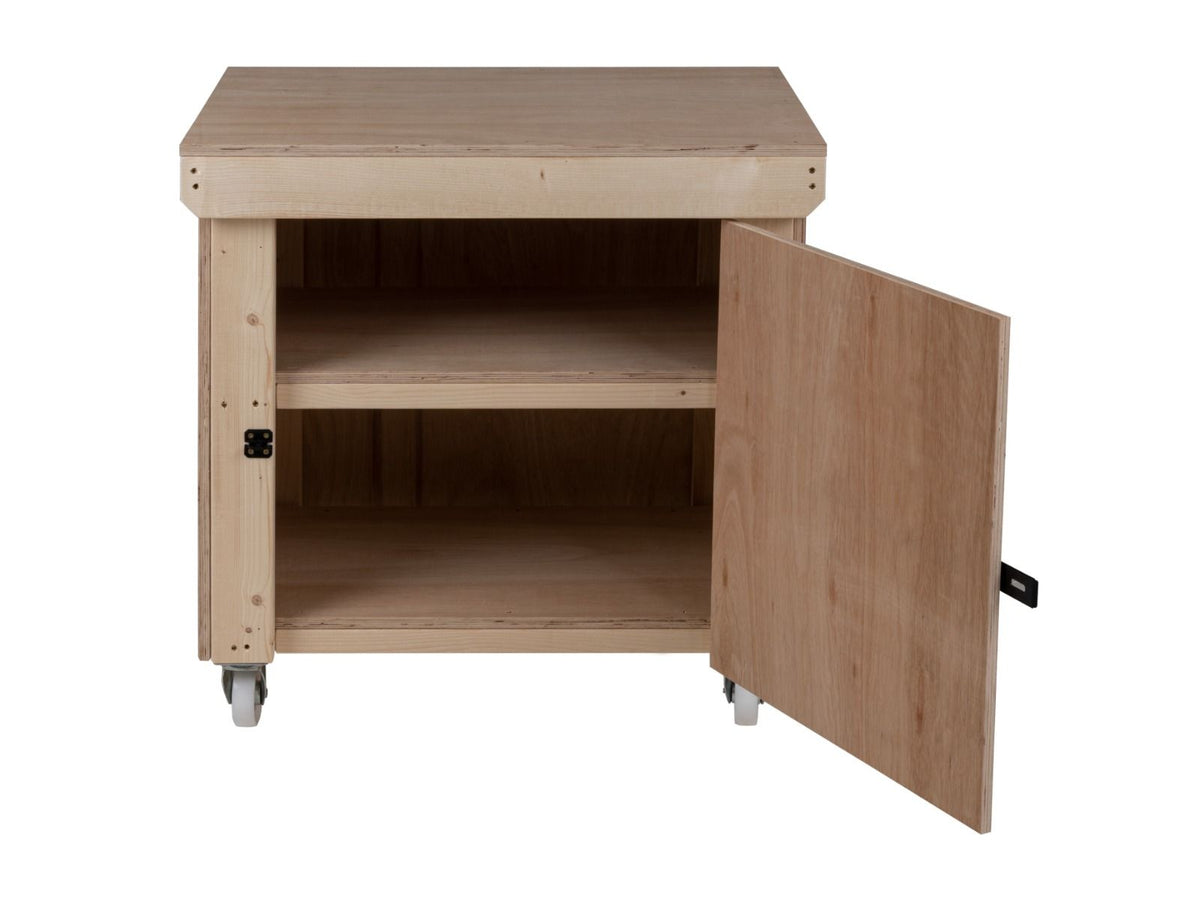 Wooden Eucalyptus hardwood top workbench with lockable cupboard (V.9) double shelf and wheels - SGP Garden Ltd