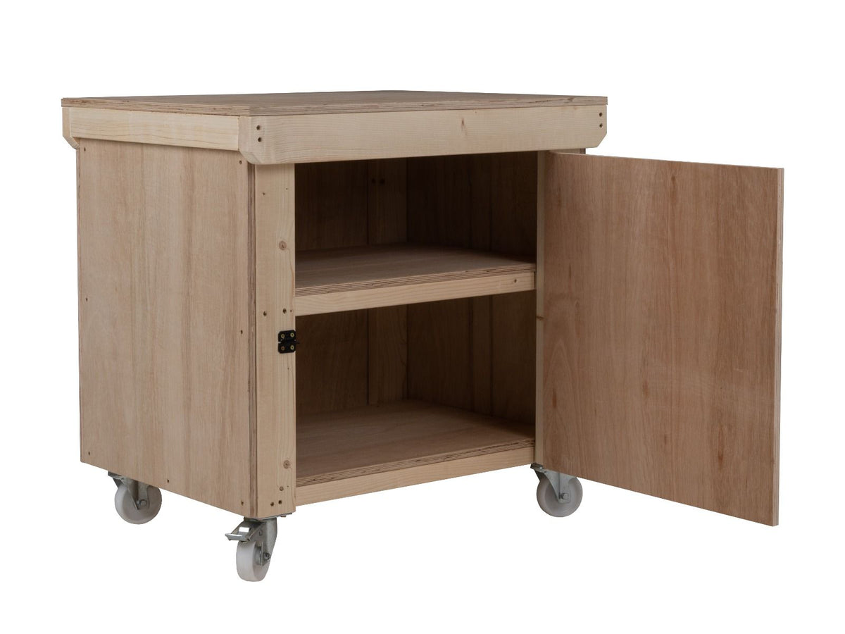 Wooden Eucalyptus hardwood top workbench with lockable cupboard (V.9) double shelf and wheels - SGP Garden Ltd