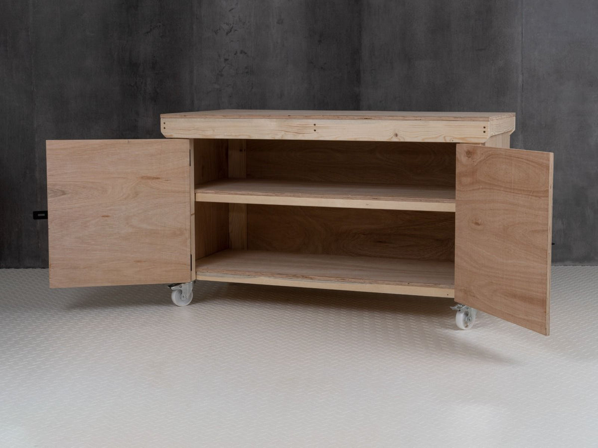 Wooden Eucalyptus hardwood top workbench with lockable cupboard (V.9) double shelf and wheels - SGP Garden Ltd