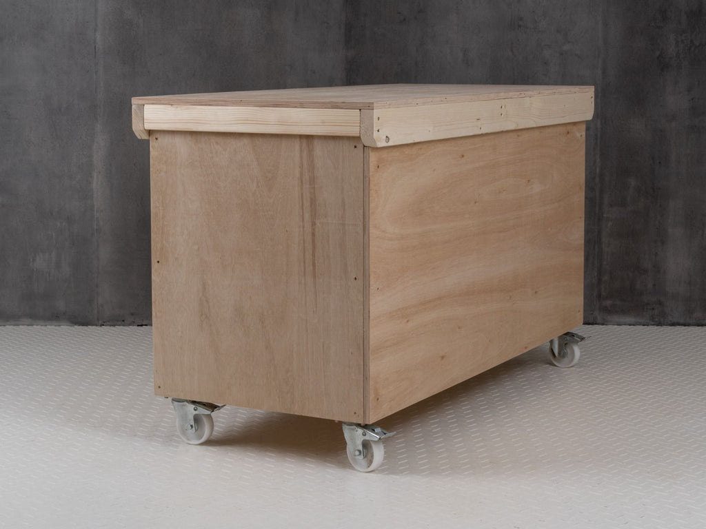 Wooden Eucalyptus hardwood top workbench with lockable cupboard (V.9) double shelf and wheels - SGP Garden Ltd