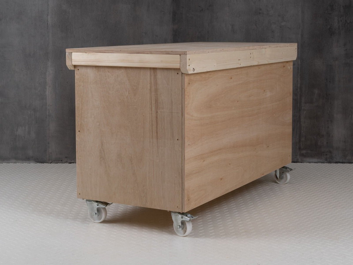 Wooden Eucalyptus hardwood top workbench with lockable cupboard (V.9) double shelf and wheels - SGP Garden Ltd