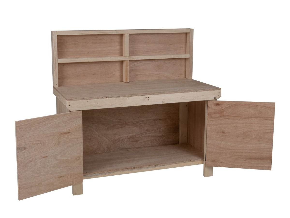 Wooden Eucalyptus hardwood top workbench with lockable cupboard (V.9) with back panel - SGP Garden Ltd