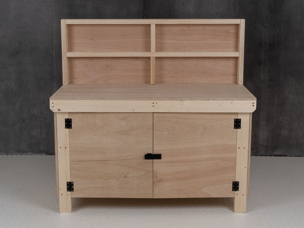 Wooden Eucalyptus hardwood top workbench with lockable cupboard (V.9) with back panel and double shelf - SGP Garden Ltd