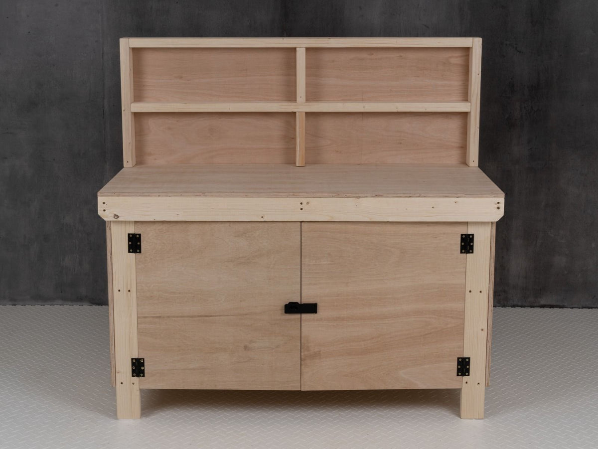 Wooden Eucalyptus hardwood top workbench with lockable cupboard (V.9) with back panel and double shelf - SGP Garden Ltd