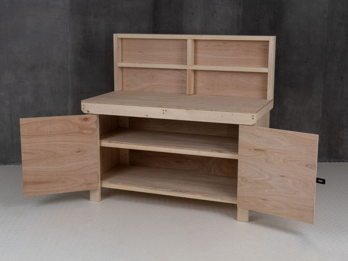 Wooden Eucalyptus hardwood top workbench with lockable cupboard (V.9) with back panel and double shelf - SGP Garden Ltd