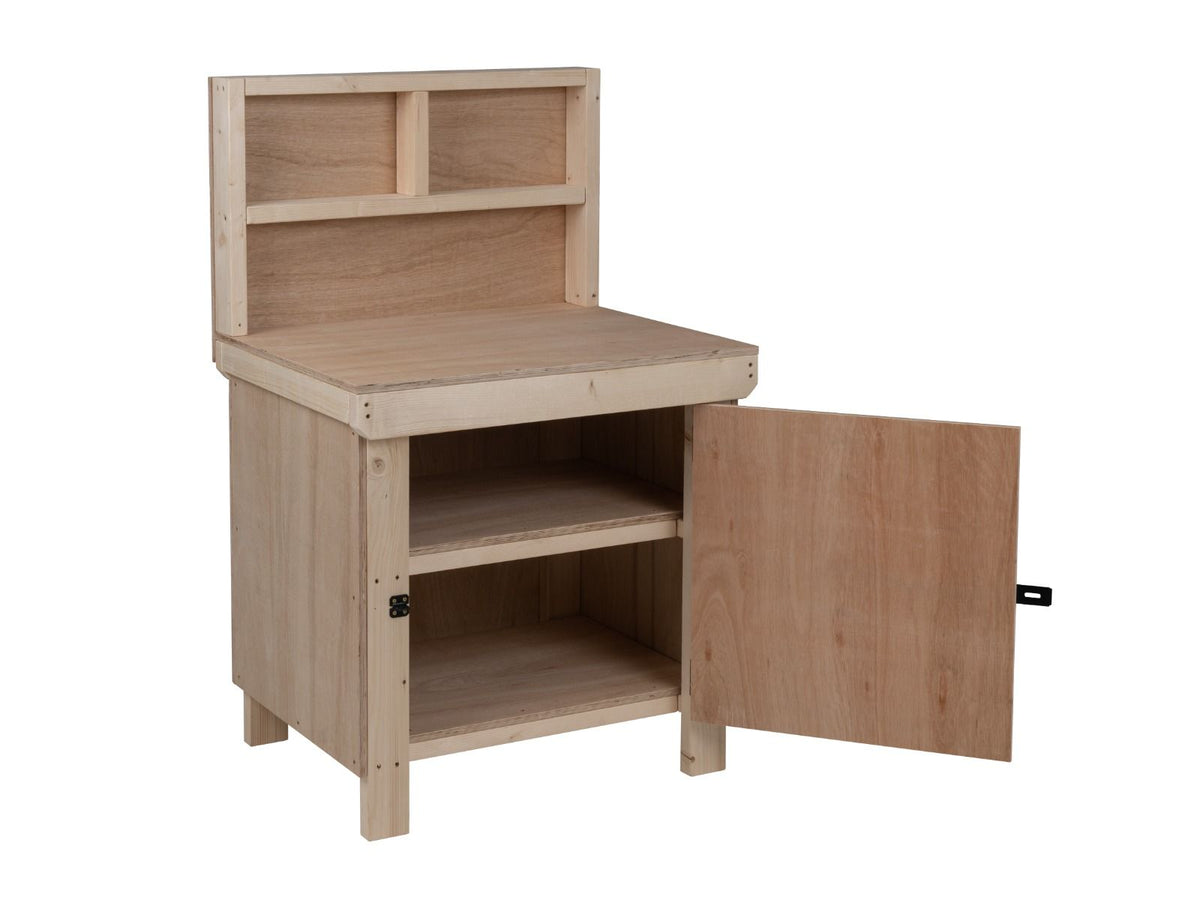 Wooden Eucalyptus hardwood top workbench with lockable cupboard (V.9) with back panel and double shelf - SGP Garden Ltd