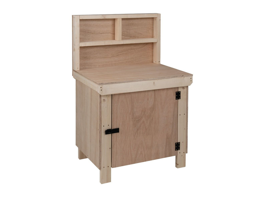 Wooden Eucalyptus hardwood top workbench with lockable cupboard (V.9) with back panel and double shelf - SGP Garden Ltd