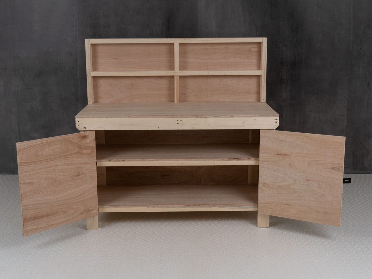 Wooden Eucalyptus hardwood top workbench with lockable cupboard (V.9) with back panel and double shelf - SGP Garden Ltd