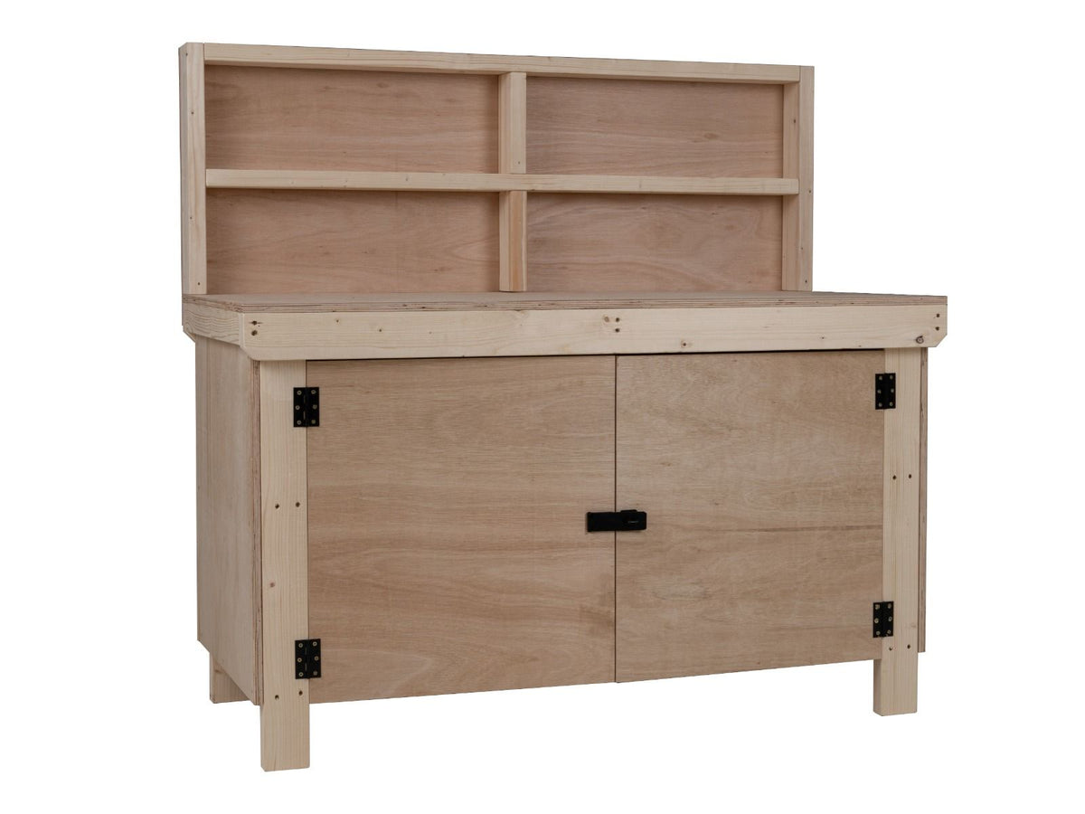 Wooden Eucalyptus hardwood top workbench with lockable cupboard (V.9) with back panel and double shelf - SGP Garden Ltd