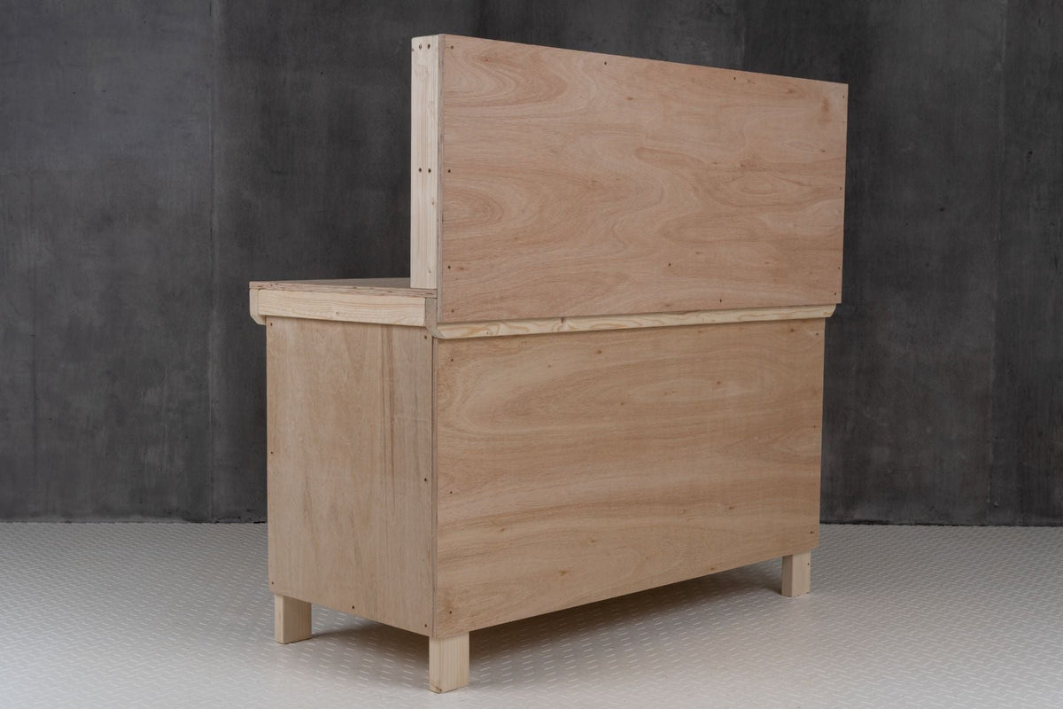 Wooden Eucalyptus hardwood top workbench with lockable cupboard (V.9) with back panel and double shelf - SGP Garden Ltd