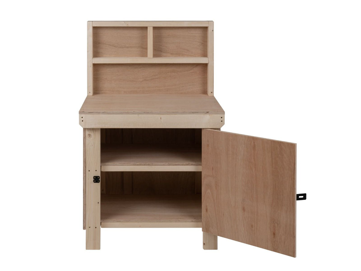 Wooden Eucalyptus hardwood top workbench with lockable cupboard (V.9) with back panel and double shelf - SGP Garden Ltd