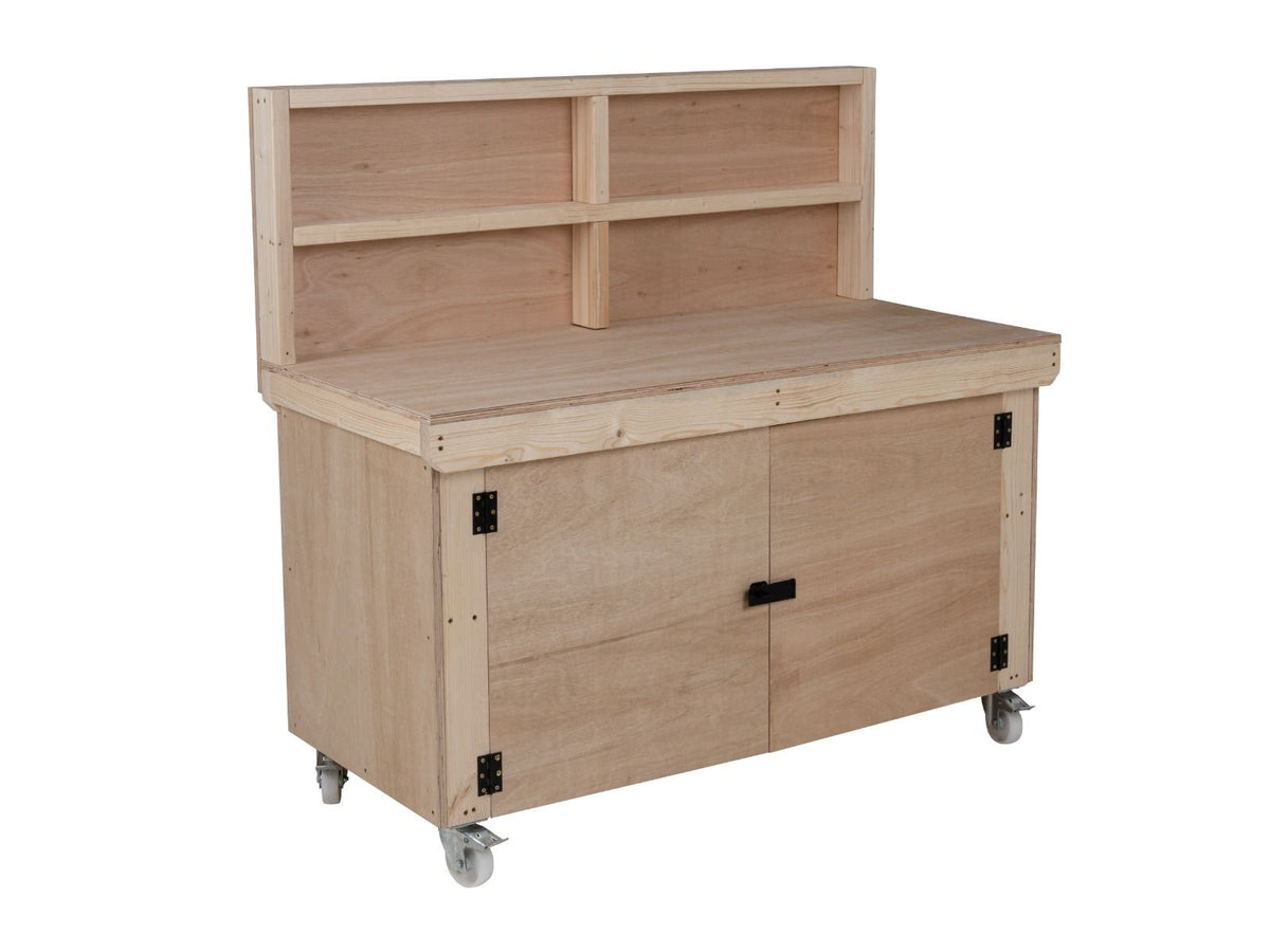 Wooden Eucalyptus hardwood top workbench with lockable cupboard (V.9) with back panel and wheels - SGP Garden Ltd
