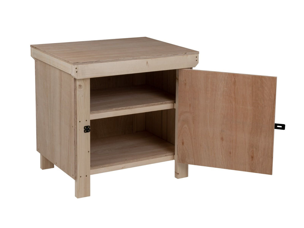 Wooden Eucalyptus hardwood top workbench with lockable cupboard (V.9) with double shelf - SGP Garden Ltd