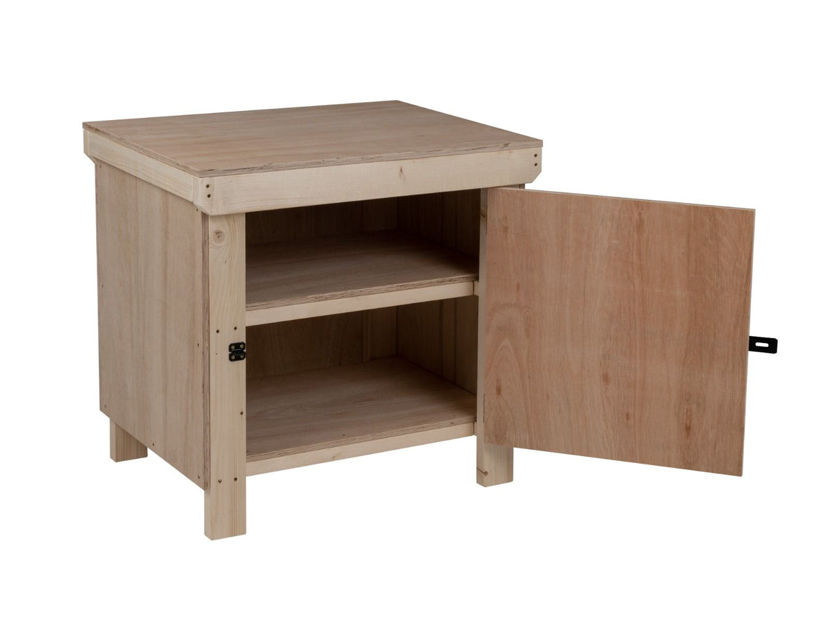Wooden Eucalyptus hardwood top workbench with lockable cupboard (V.9) with double shelf - SGP Garden Ltd