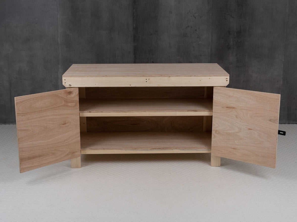 Wooden Eucalyptus hardwood top workbench with lockable cupboard (V.9) with double shelf - SGP Garden Ltd