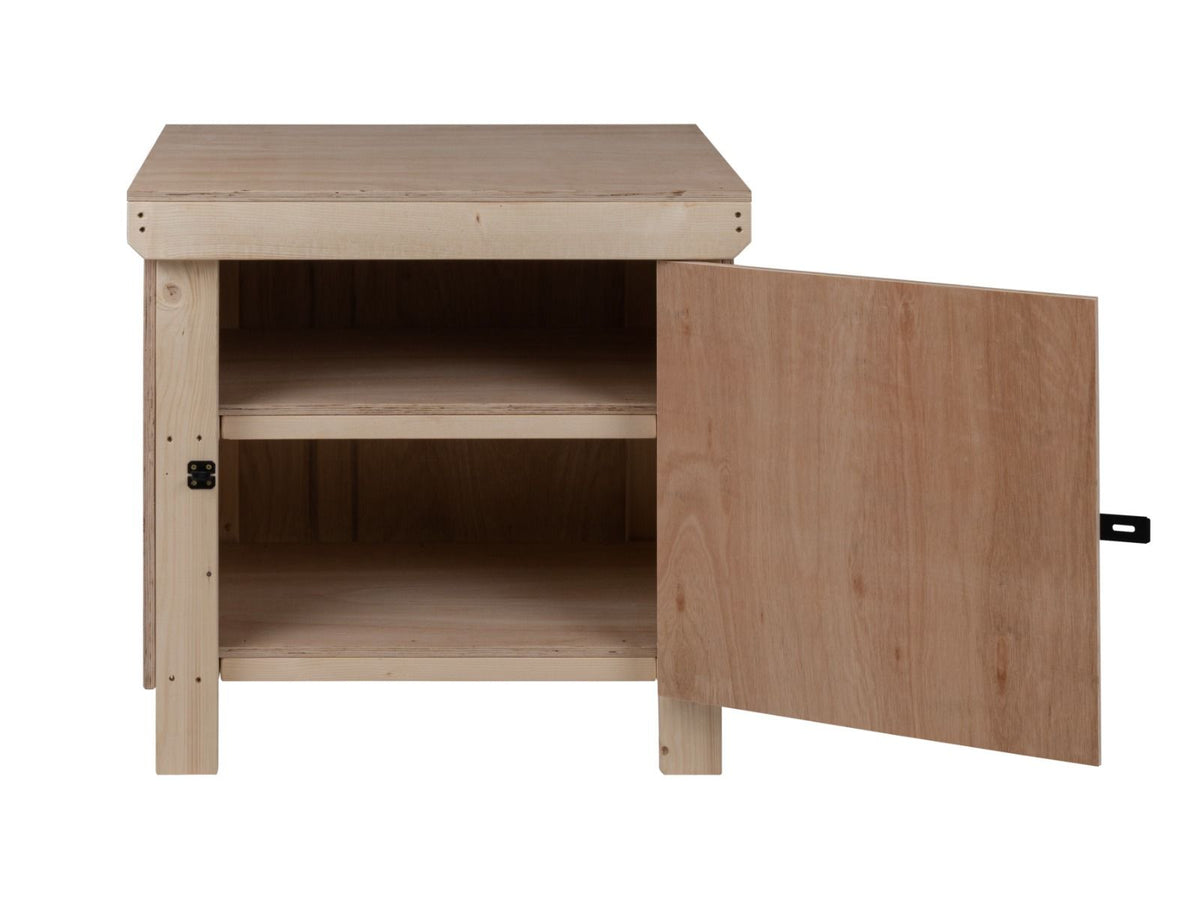 Wooden Eucalyptus hardwood top workbench with lockable cupboard (V.9) with double shelf - SGP Garden Ltd