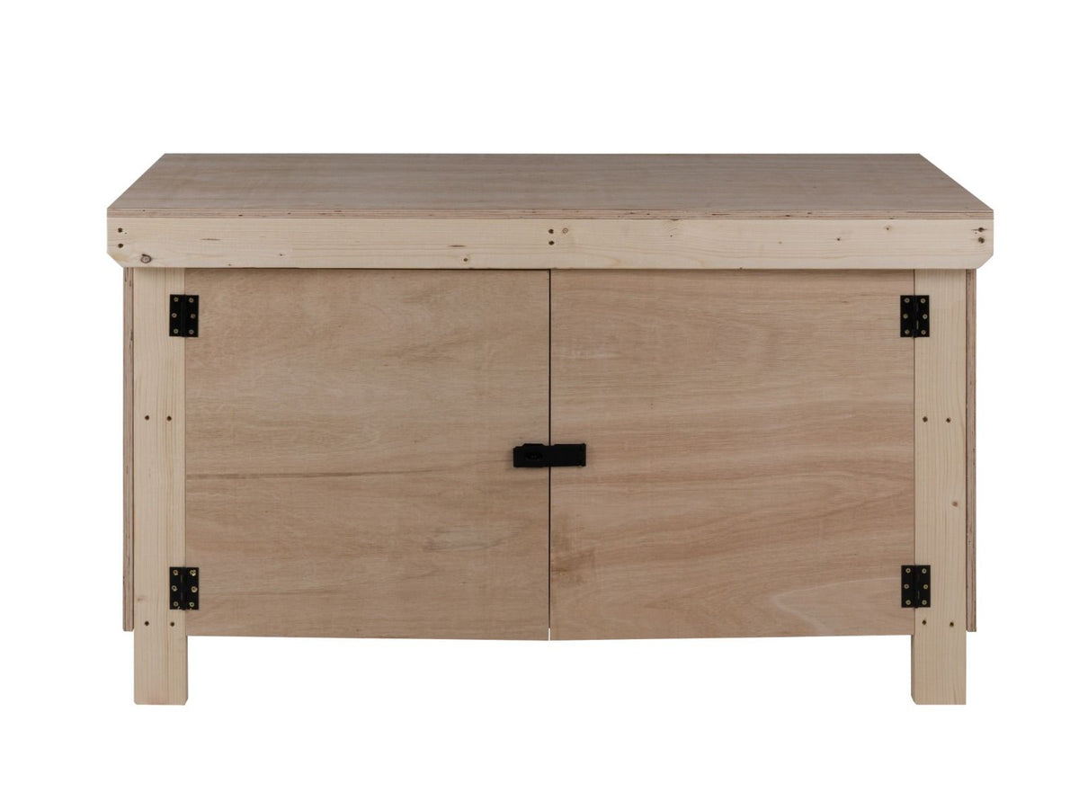 Wooden Eucalyptus hardwood top workbench with lockable cupboard (V.9) with double shelf - SGP Garden Ltd