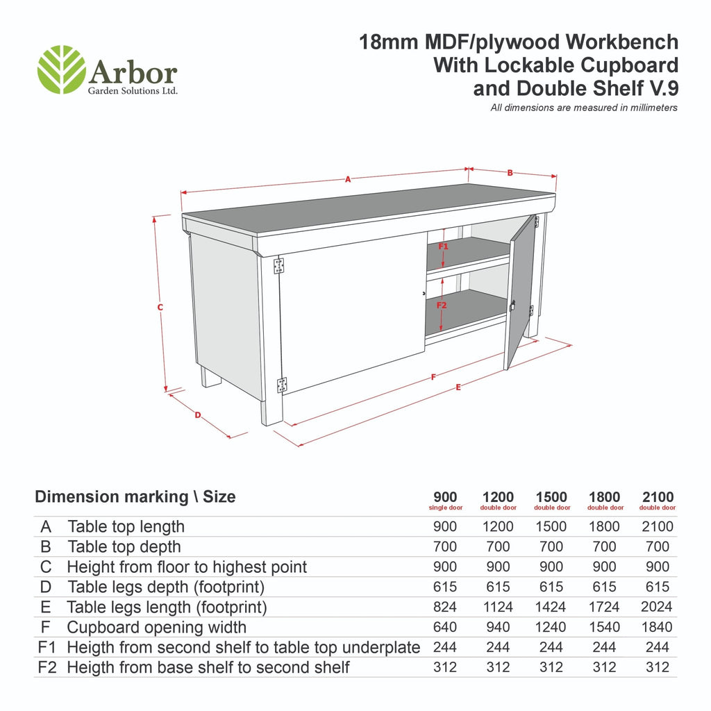 Wooden Eucalyptus hardwood top workbench with lockable cupboard (V.9) with double shelf - SGP Garden Ltd