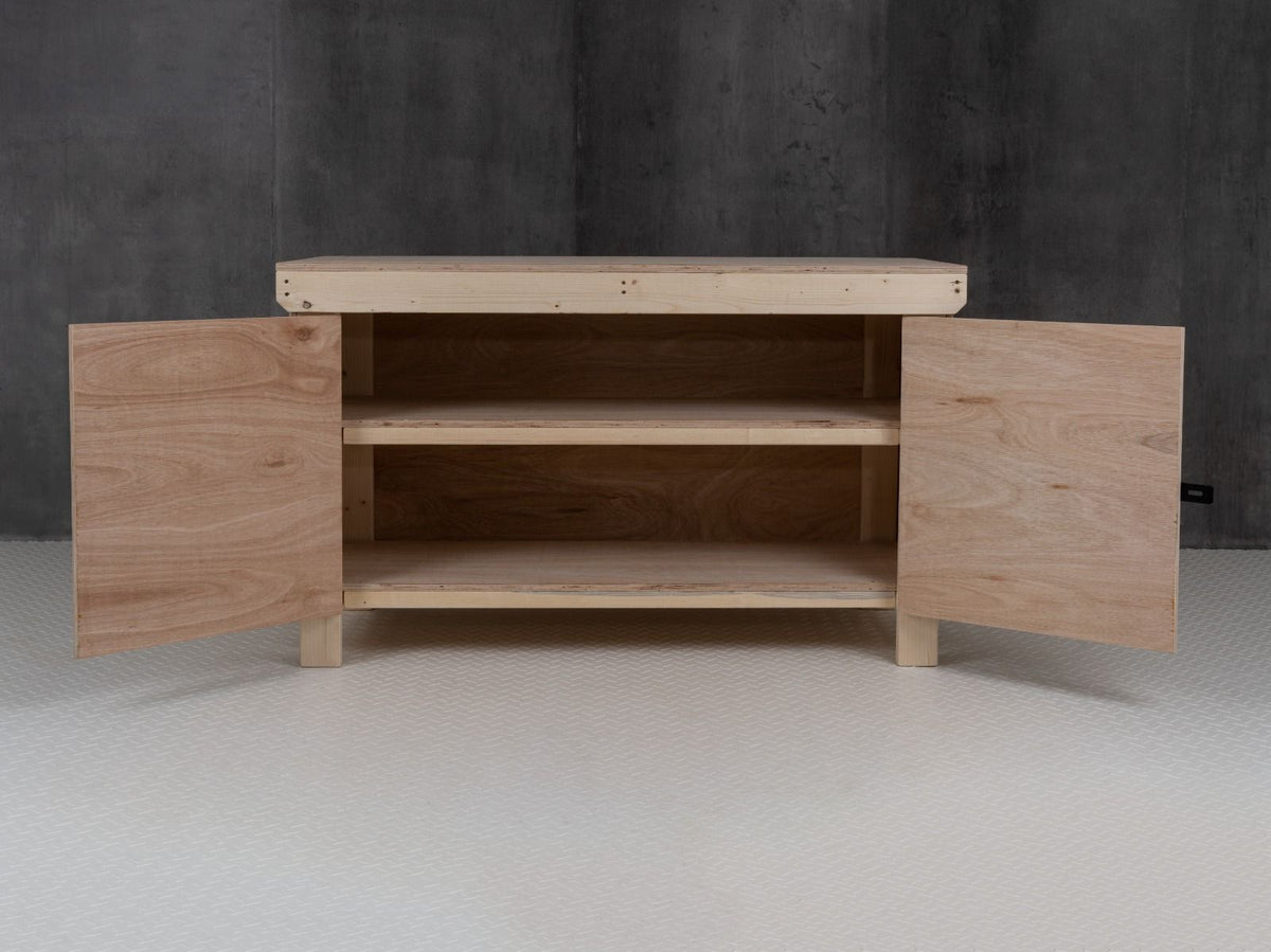 Wooden Eucalyptus hardwood top workbench with lockable cupboard (V.9) with double shelf - SGP Garden Ltd