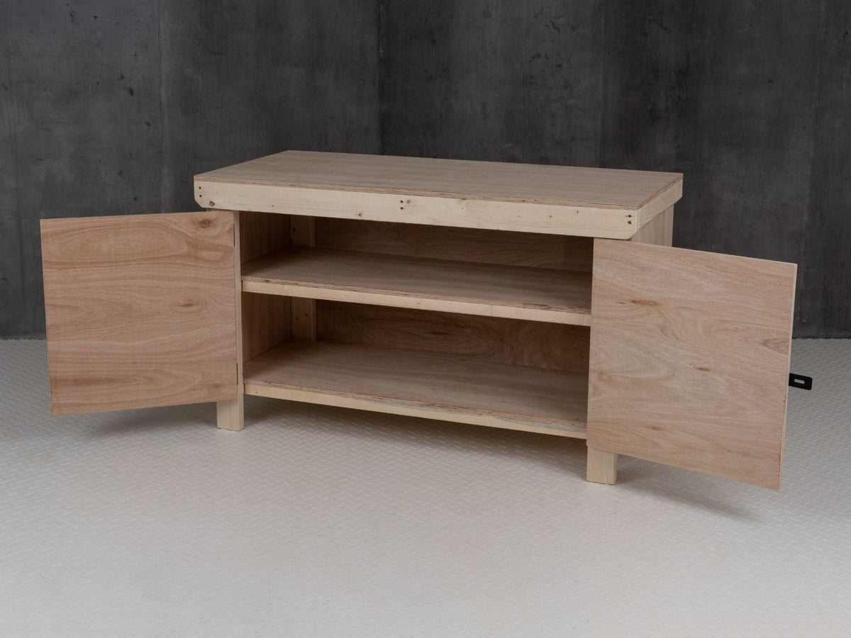 Wooden Eucalyptus hardwood top workbench with lockable cupboard (V.9) with double shelf - SGP Garden Ltd