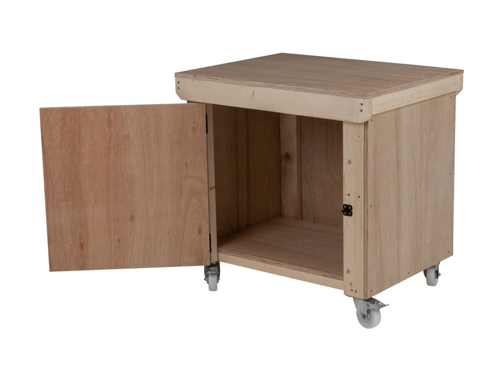 Wooden Eucalyptus hardwood top workbench with lockable cupboard (V.9) with wheels - SGP Garden Ltd