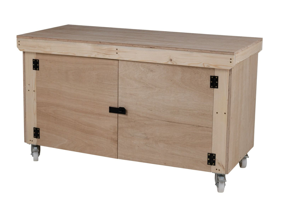 Wooden Eucalyptus hardwood top workbench with lockable cupboard (V.9) with wheels - SGP Garden Ltd