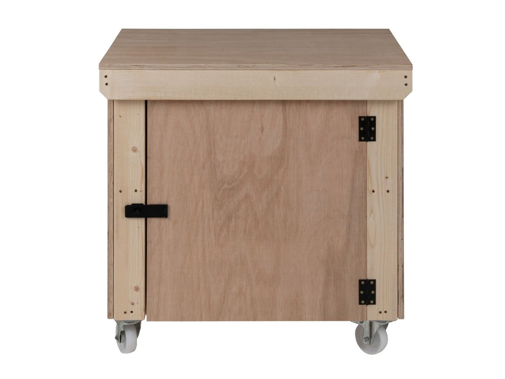 Wooden Eucalyptus hardwood top workbench with lockable cupboard (V.9) with wheels - SGP Garden Ltd