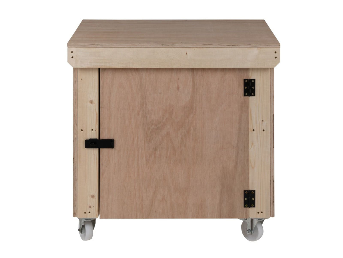 Wooden Eucalyptus hardwood top workbench with lockable cupboard (V.9) with wheels - SGP Garden Ltd