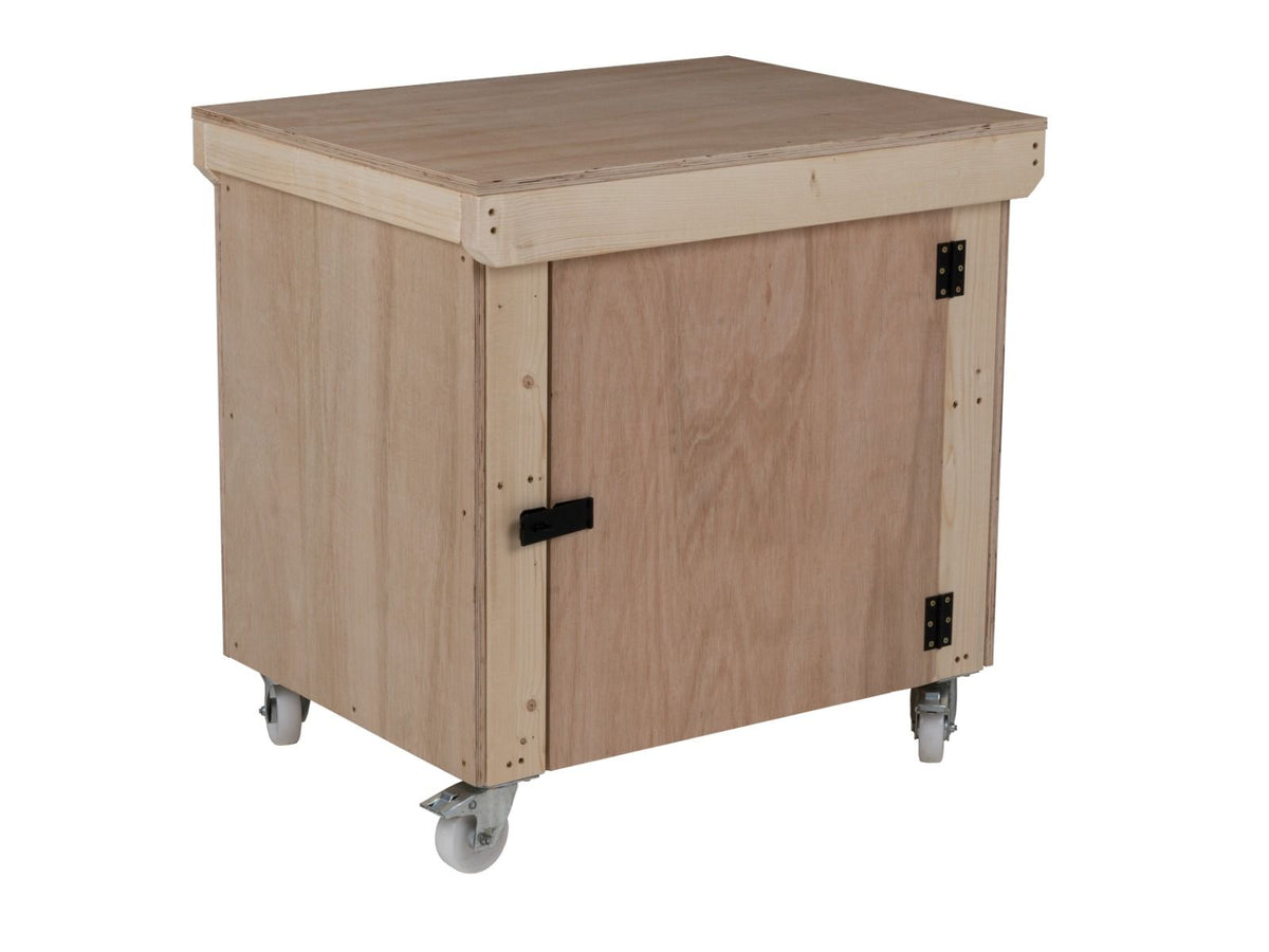 Wooden Eucalyptus hardwood top workbench with lockable cupboard (V.9) with wheels - SGP Garden Ltd