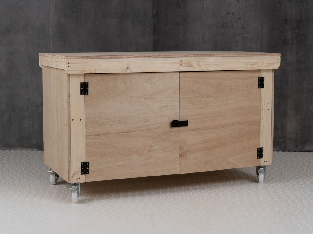 Wooden Eucalyptus hardwood top workbench with lockable cupboard (V.9) with wheels - SGP Garden Ltd