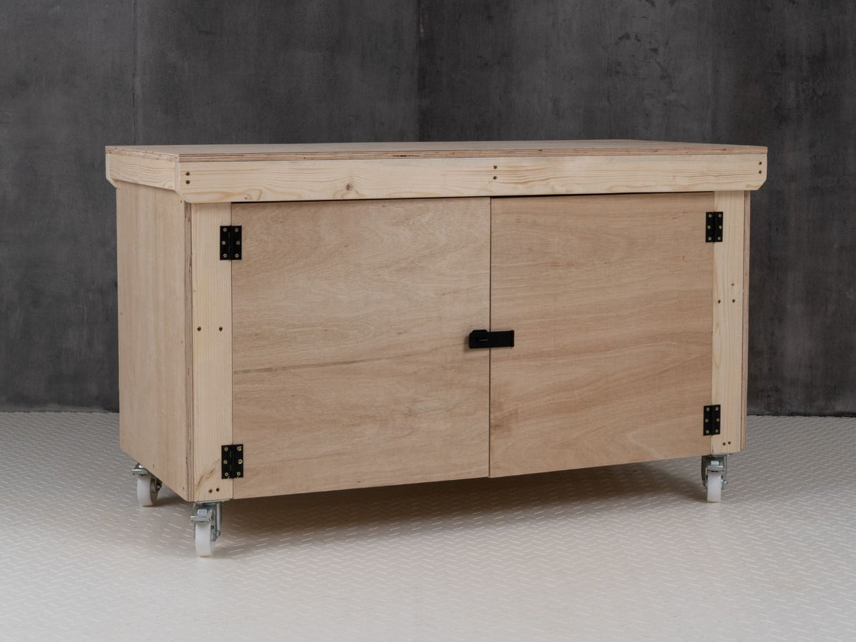 Wooden Eucalyptus hardwood top workbench with lockable cupboard (V.9) with wheels - SGP Garden Ltd
