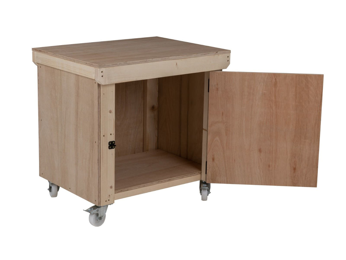 Wooden Eucalyptus hardwood top workbench with lockable cupboard (V.9) with wheels - SGP Garden Ltd