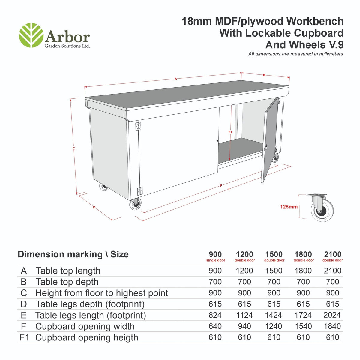 Wooden Eucalyptus hardwood top workbench with lockable cupboard (V.9) with wheels - SGP Garden Ltd