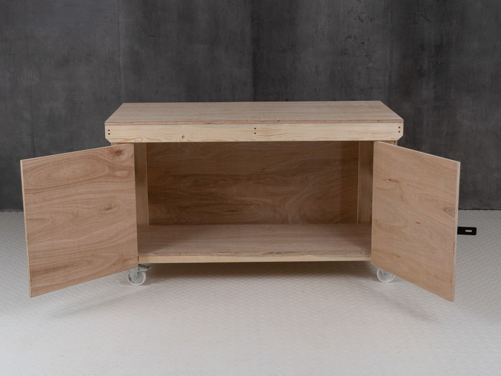 Wooden Eucalyptus hardwood top workbench with lockable cupboard (V.9) with wheels - SGP Garden Ltd