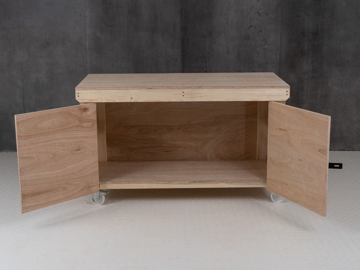 Wooden Eucalyptus hardwood top workbench with lockable cupboard (V.9) with wheels - SGP Garden Ltd