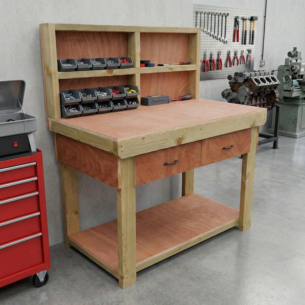 Wooden Eucalyptus hardwood workbench, tool cabinet with drawer (V.1) with back - SGP Garden Ltd