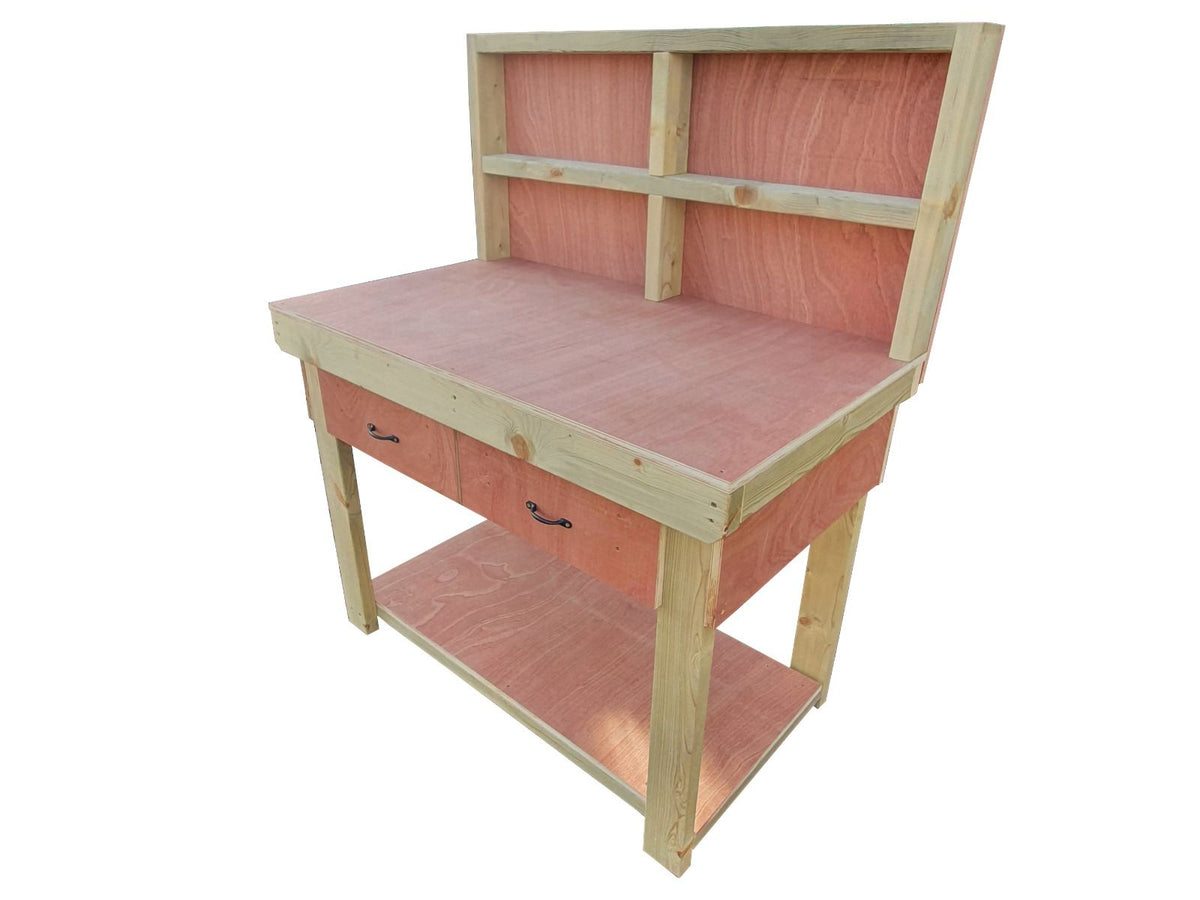 Wooden Eucalyptus hardwood workbench, tool cabinet with drawer (V.1) with back - SGP Garden Ltd