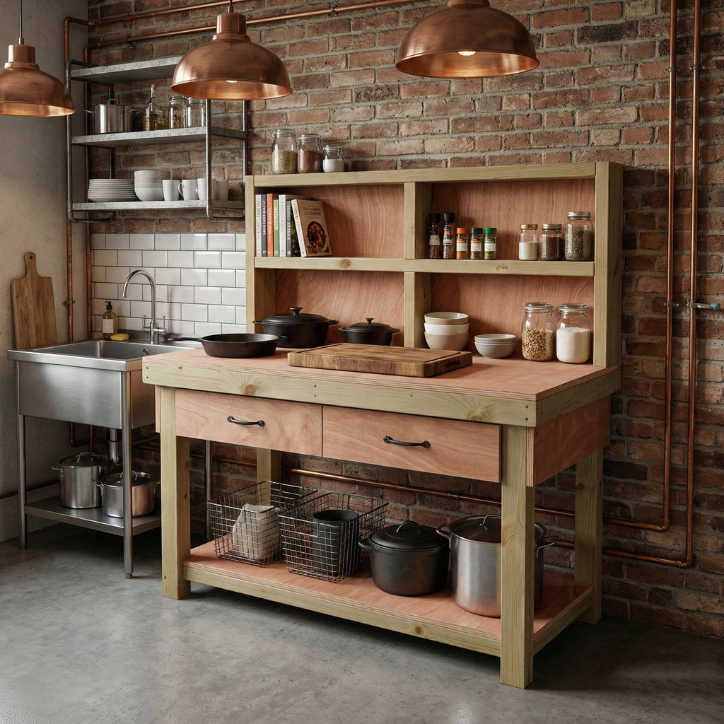 Wooden Eucalyptus hardwood workbench, tool cabinet with drawer (V.1) with back - SGP Garden Ltd
