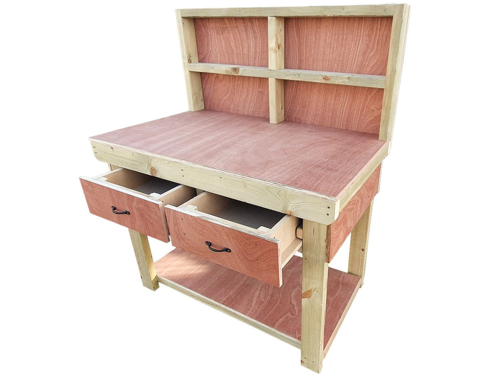 Wooden Eucalyptus hardwood workbench, tool cabinet with drawer (V.1) with back - SGP Garden Ltd