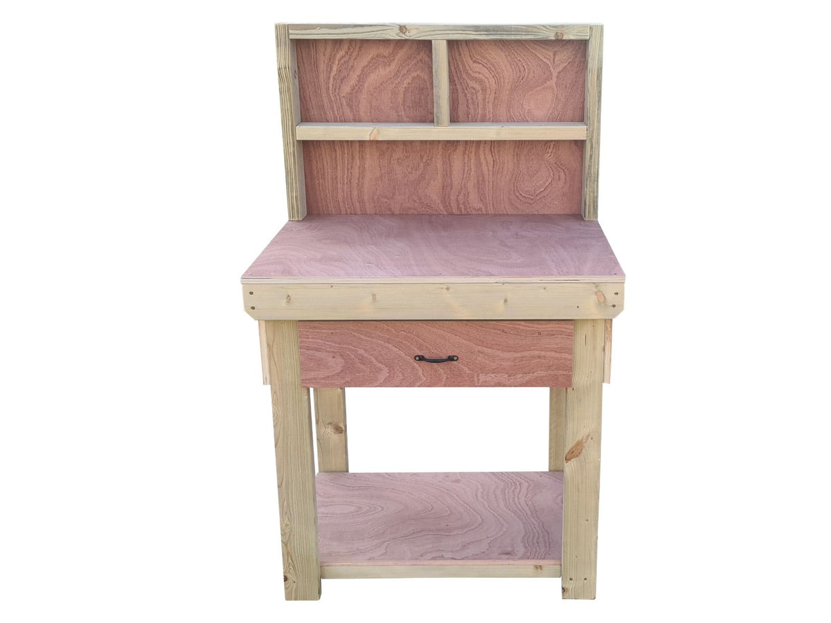 Wooden Eucalyptus hardwood workbench, tool cabinet with drawer (V.1) with back - SGP Garden Ltd