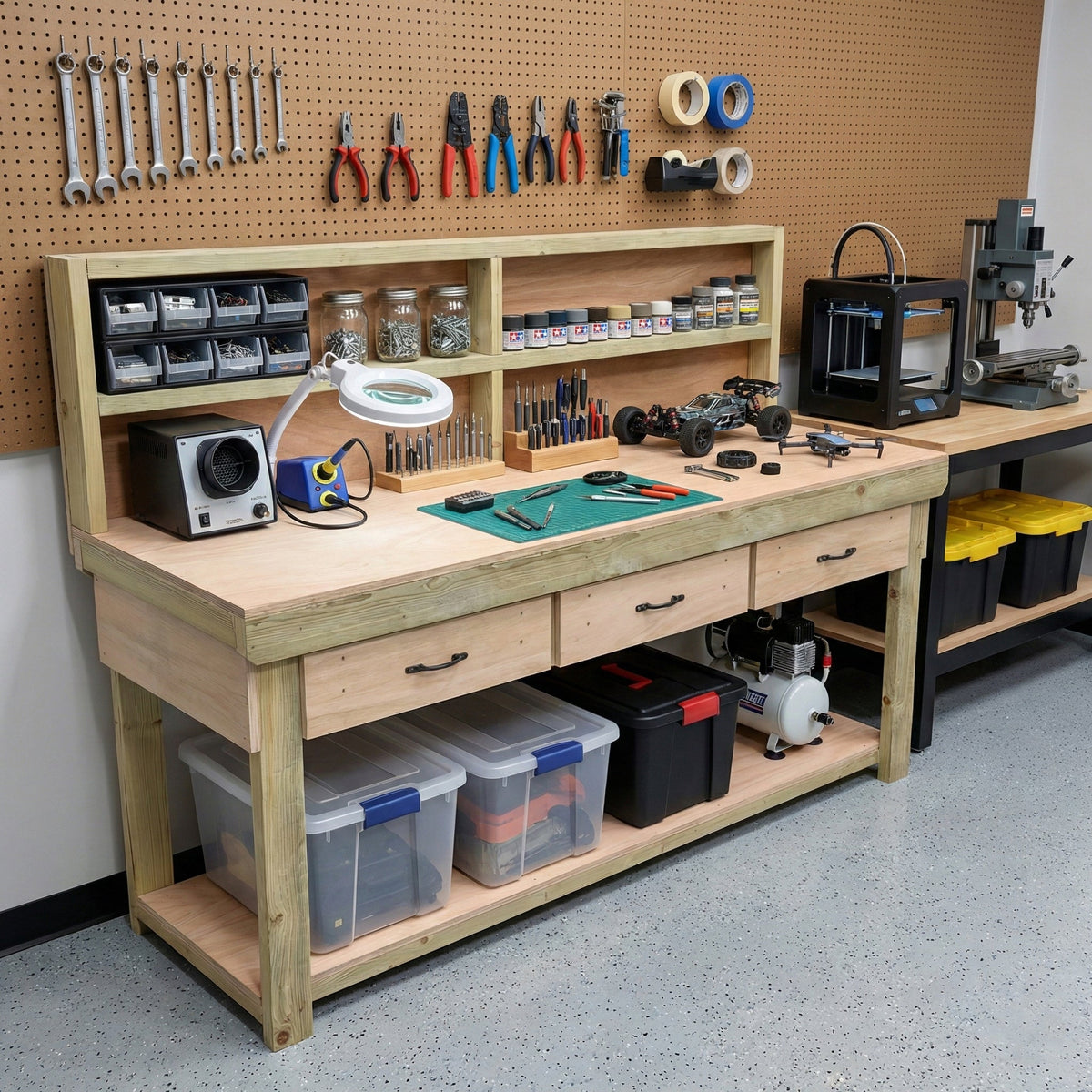 Wooden Eucalyptus hardwood workbench, tool cabinet with drawer (V.1) with back - SGP Garden Ltd