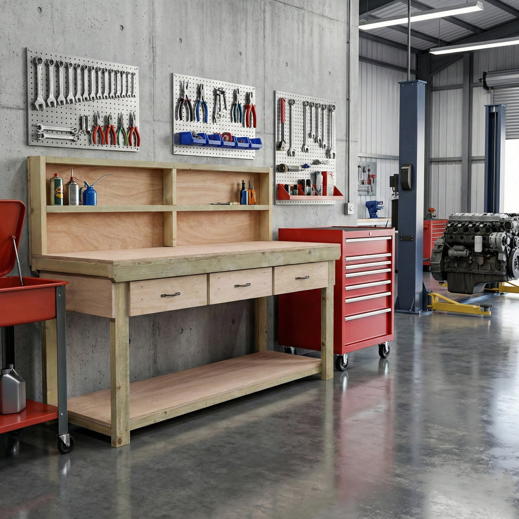 Wooden Eucalyptus hardwood workbench, tool cabinet with drawer (V.1) with back - SGP Garden Ltd