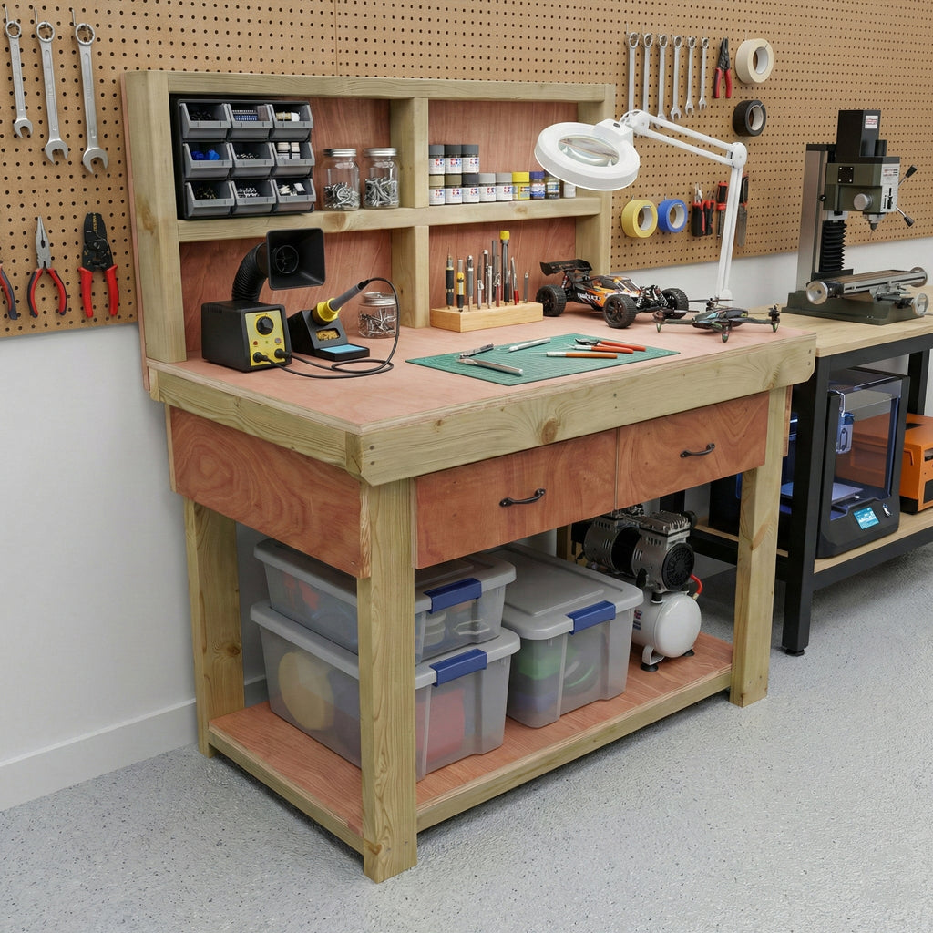 Wooden Eucalyptus hardwood workbench, tool cabinet with drawer (V.1) with back - SGP Garden Ltd