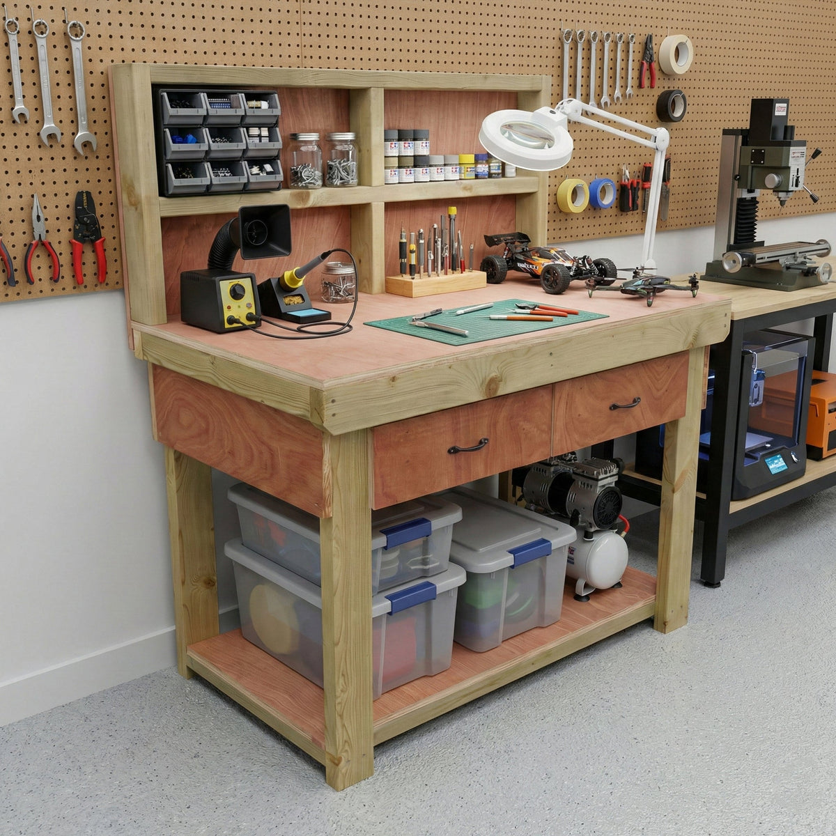 Wooden Eucalyptus hardwood workbench, tool cabinet with drawer (V.1) with back - SGP Garden Ltd