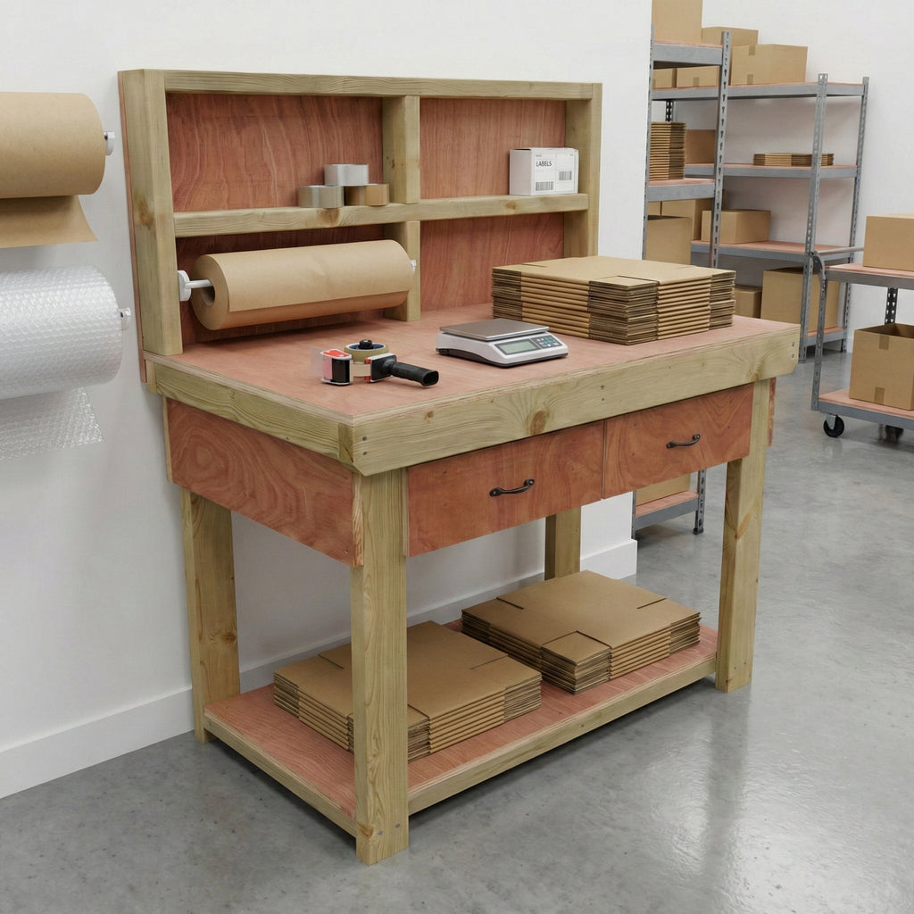 Wooden Eucalyptus hardwood workbench, tool cabinet with drawer (V.1) with back - SGP Garden Ltd