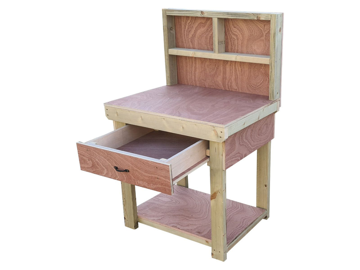 Wooden Eucalyptus hardwood workbench, tool cabinet with drawer (V.1) with back - SGP Garden Ltd