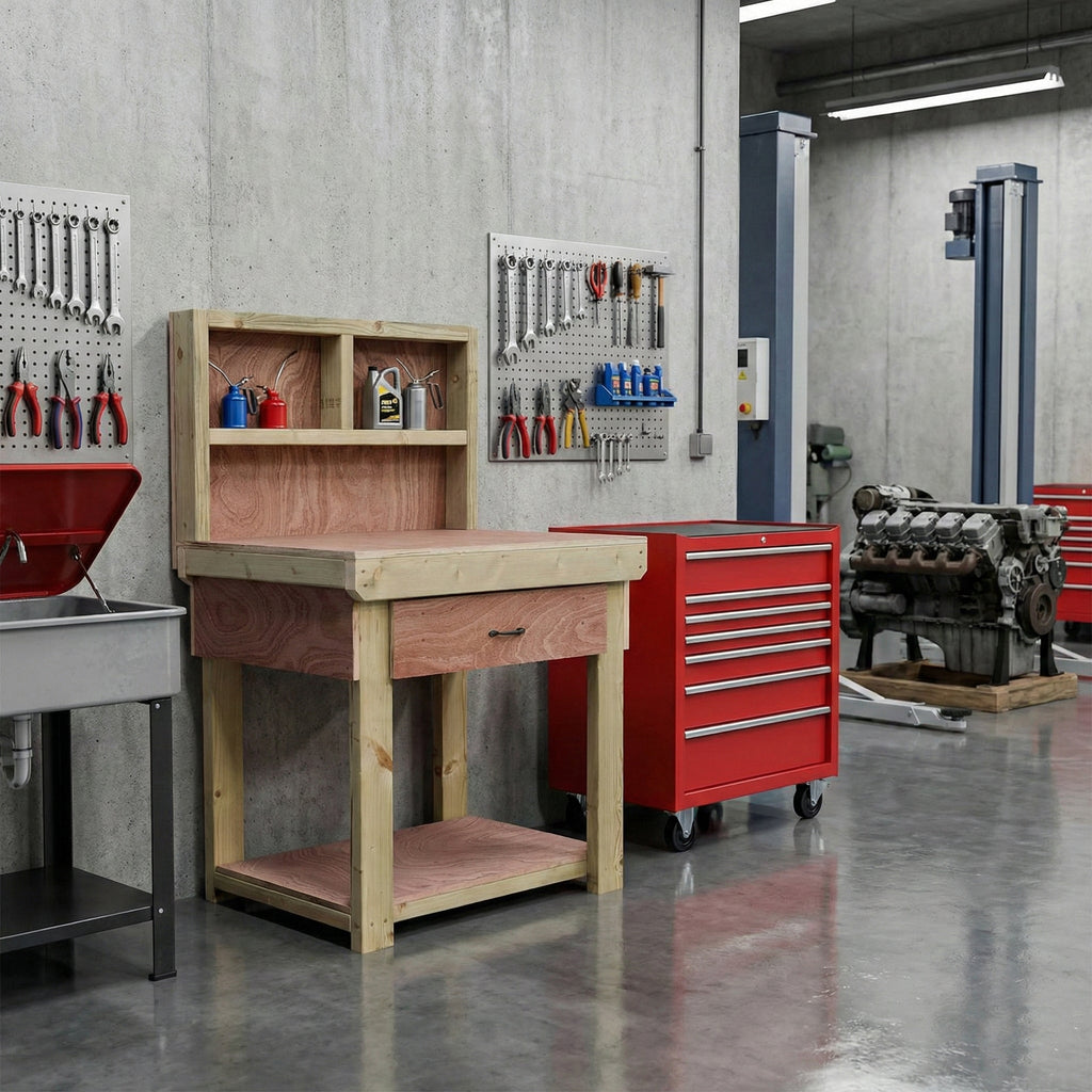 Wooden Eucalyptus hardwood workbench, tool cabinet with drawer (V.1) with back - SGP Garden Ltd