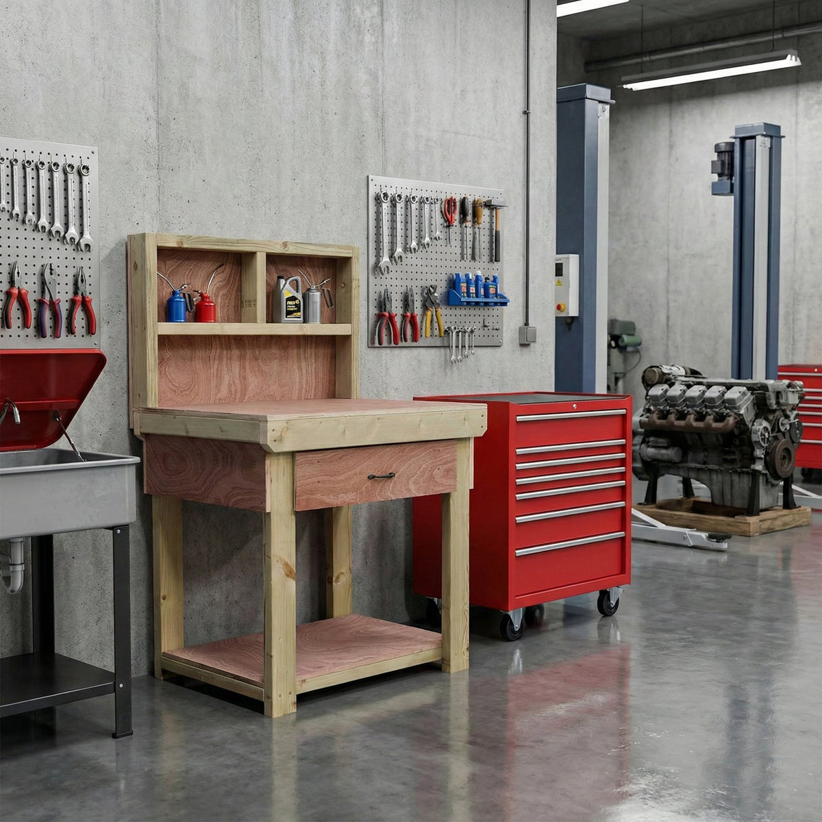 Wooden Eucalyptus hardwood workbench, tool cabinet with drawer (V.1) with back - SGP Garden Ltd