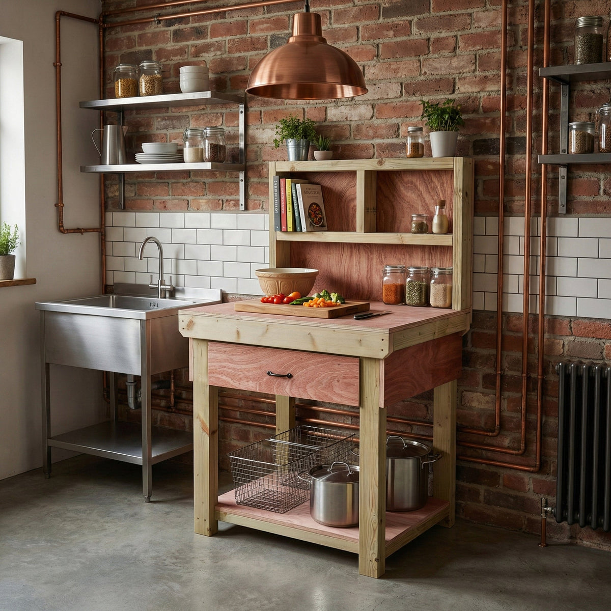 Wooden Eucalyptus hardwood workbench, tool cabinet with drawer (V.1) with back - SGP Garden Ltd